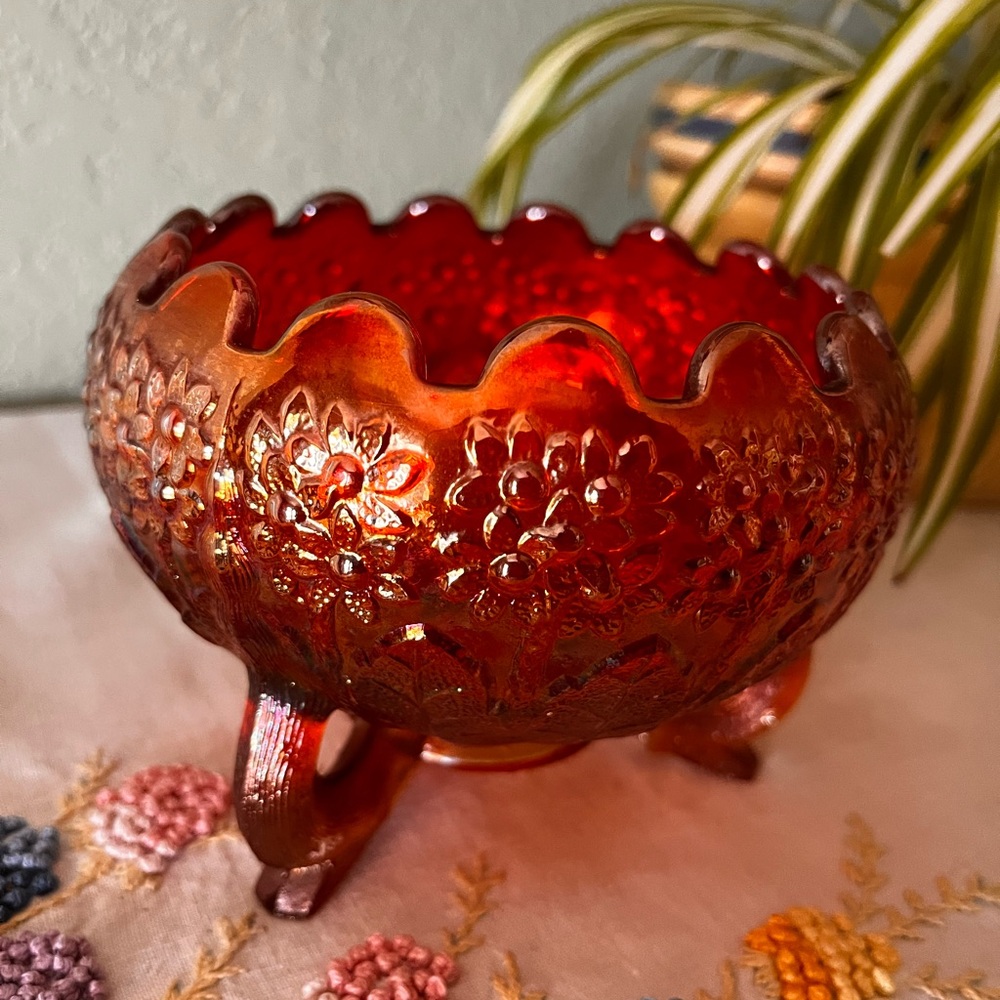 Vintage Fenton Orange Tree Marigold Carnival Glass Footed Bowl 6” Marked